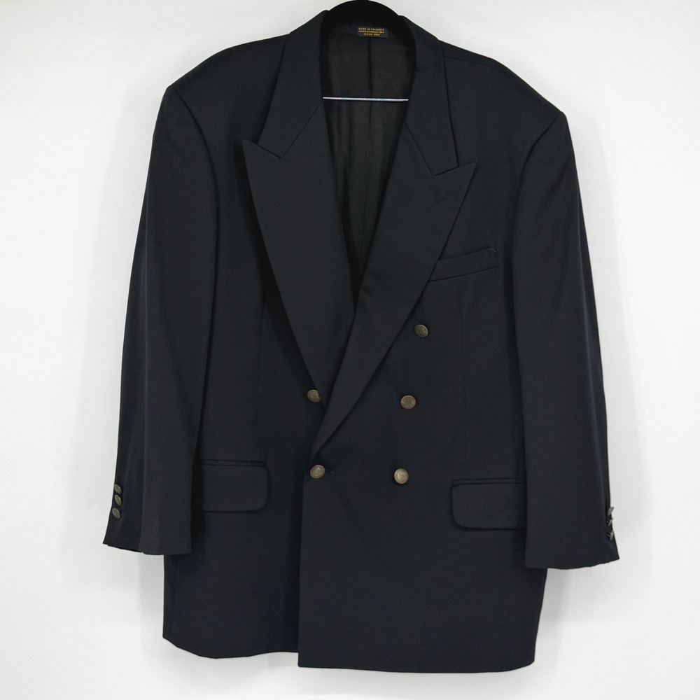 Oscar de la Renta Mens 44R Double Breasted Wool Blazer Navy Blue Gold Buttons